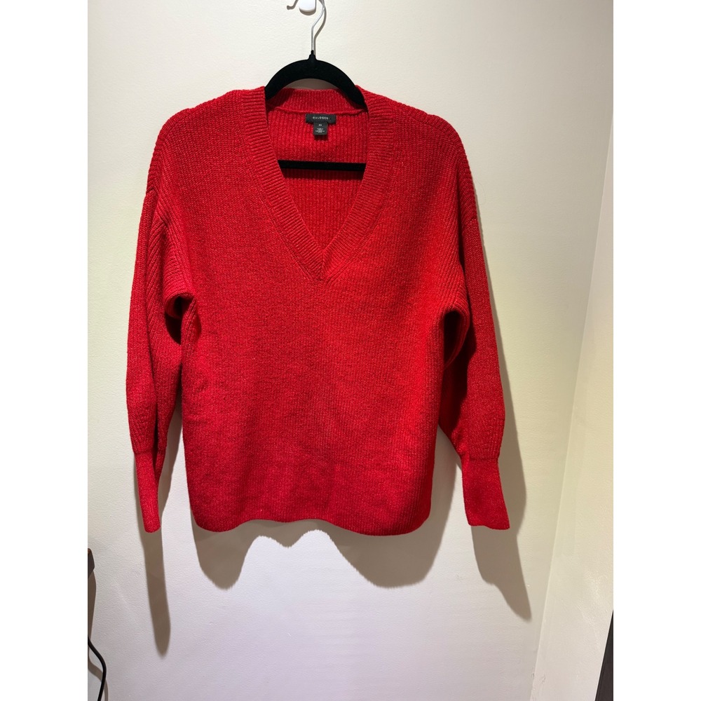 Halogen Womens Red Ribbed V-Neck Pullover Sweater Size XS Relaxed Fit